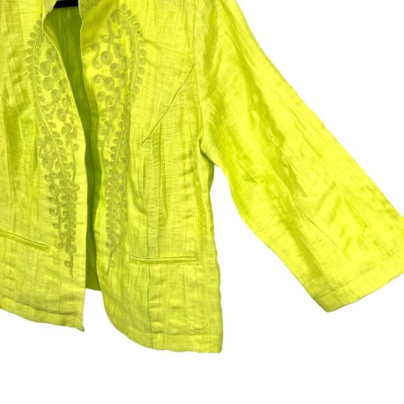 Chicos Sz Medium 1 US 8/10 Neone Green LINEN BLEND Tropical Blouse Shirt Top - Picture 6 of 9